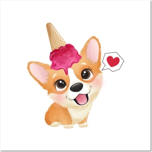 cute little corgi with ice cream tshirt Posters and Art